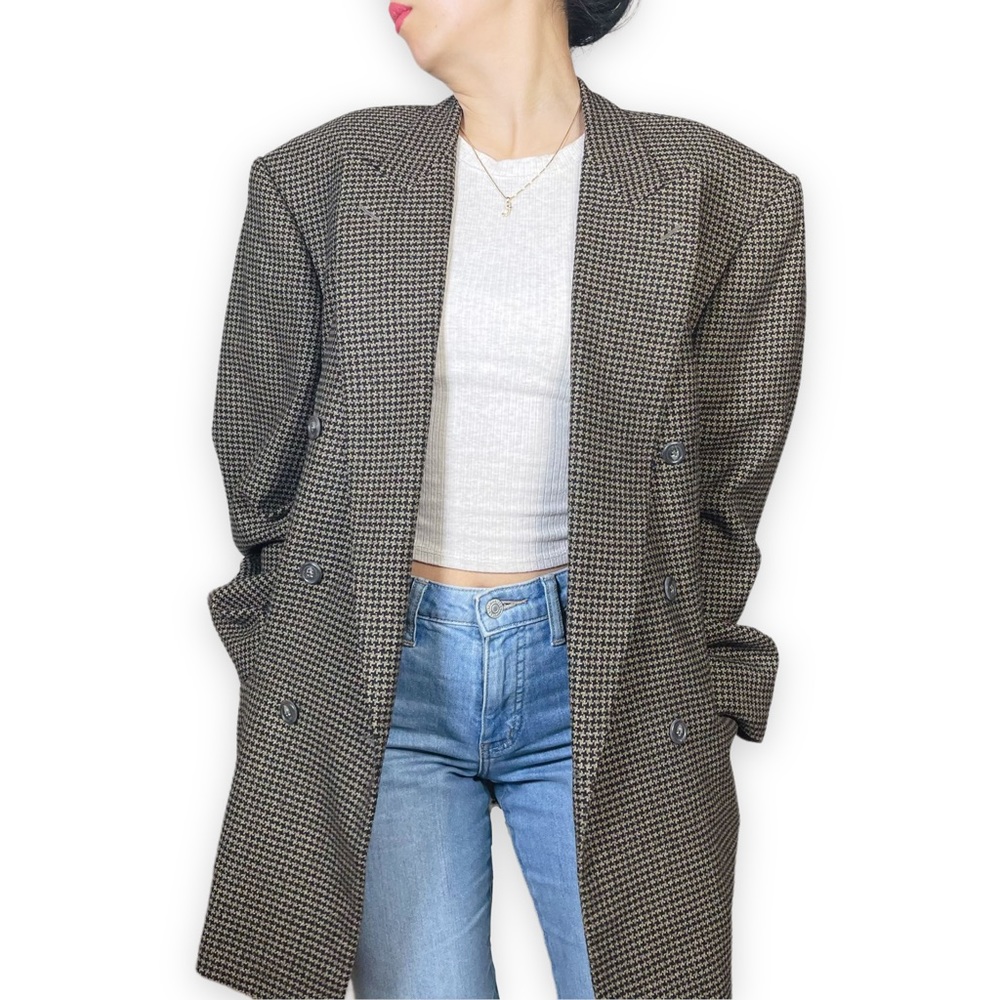 Ermenegildo Zegna Wool Cashmere Houndstooth Plaid Double Breasted Blazer